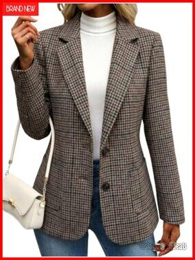 Wool Blend Tweed Houndstooth Blazer Women Slim Fit Suit Jacket